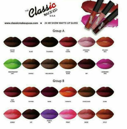 Lot de 6 lipgloss matte 24h Classic Makeup USA